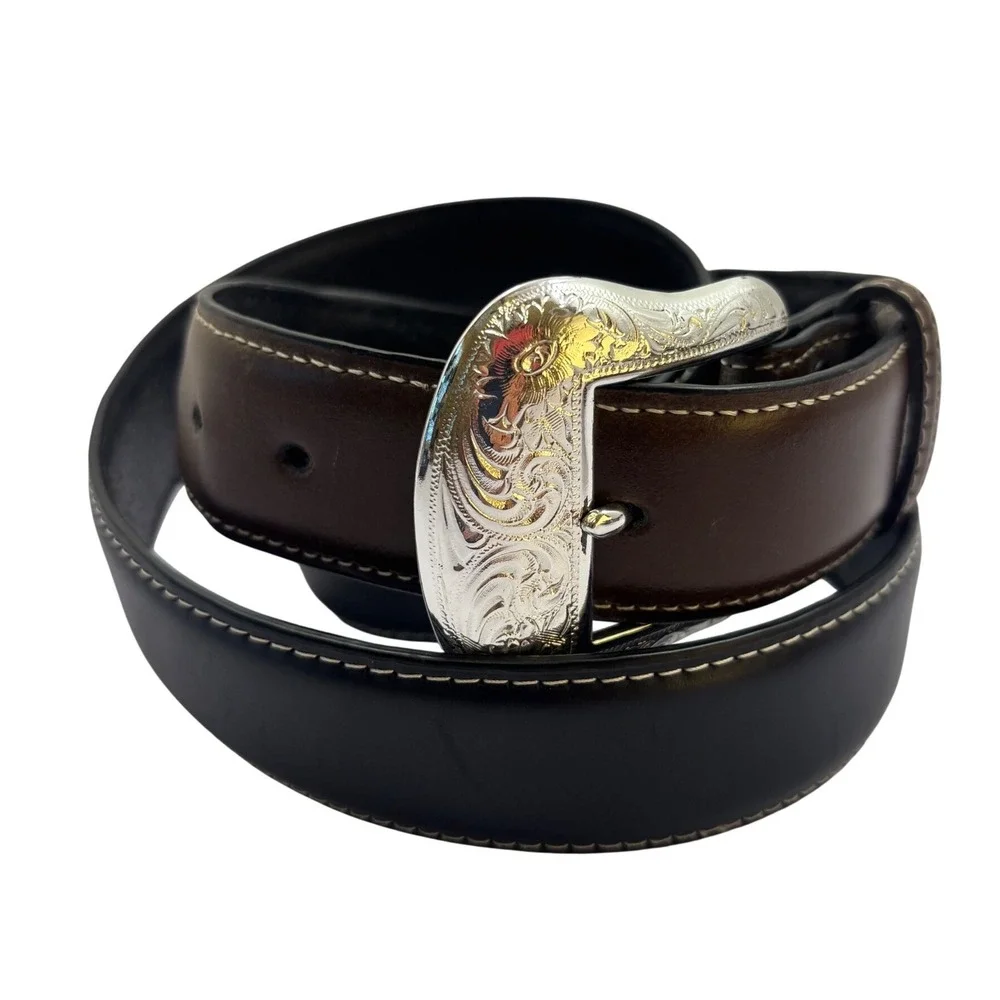 Mens Two Tone Leather Western Belt Black Brown Silver Engraved Buckle Concho